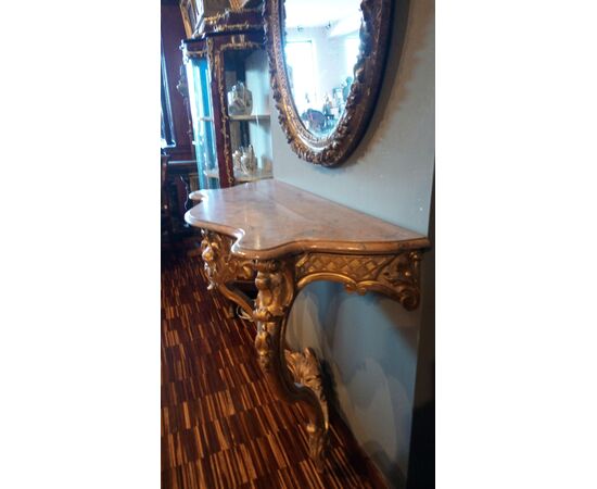 Consolle francese del 1800 in legno dorato foglia oro stile Luigi Filippo piano in marmo