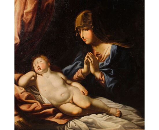 Antico dipinto religioso Madonna con bambino del XVII secolo