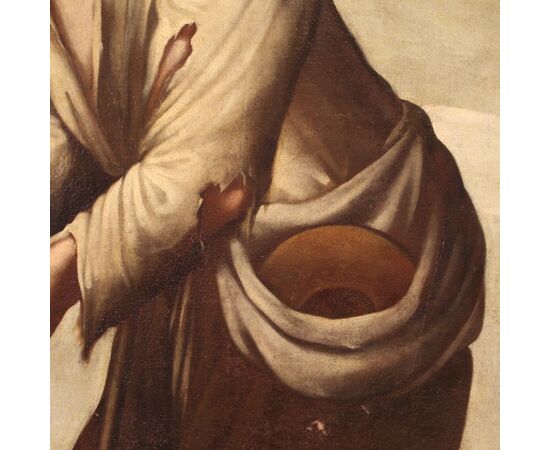 Antico dipinto italiano Mendicante olio su tela del XVIII secolo