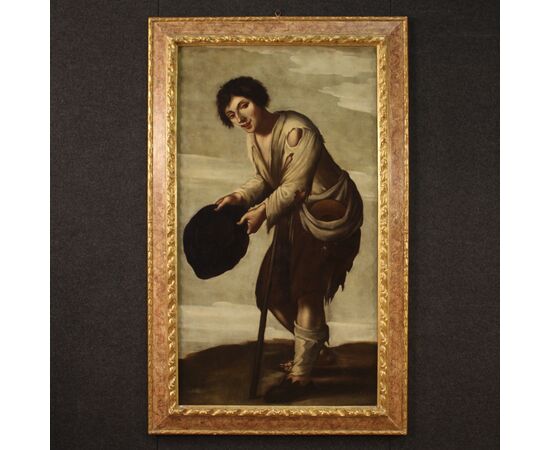 Antique Italian painting Beggar oil on canvas from 18th century
