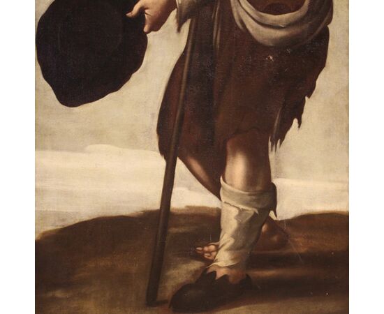 Antico dipinto italiano Mendicante olio su tela del XVIII secolo