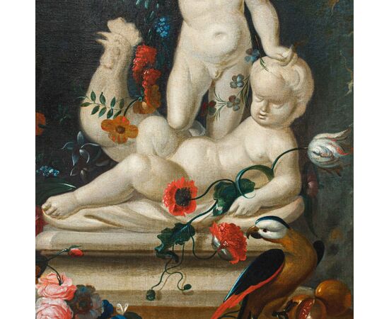 Pappagallo con putti e fiori firmato I. Reneman, seconda metà XVIII secolo