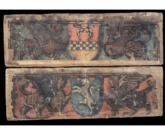 Rari pannelli di soffitto dipinti su carta ed applicati su legno Rinascimento lombardo