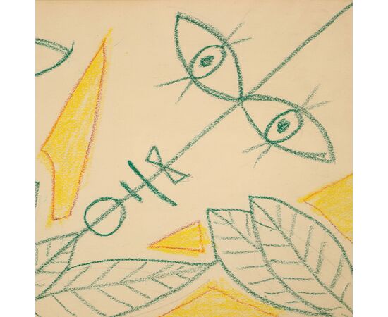 Disegno Jean Cocteau '900 "Tre volti otto foglie" Gouache su carta