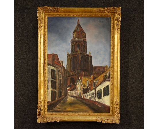 Dutch signed painting View of cathedral from 20th century