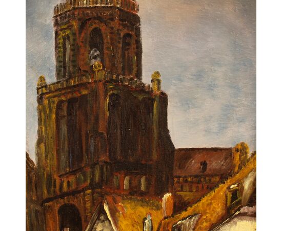 Dutch signed painting View of cathedral from 20th century