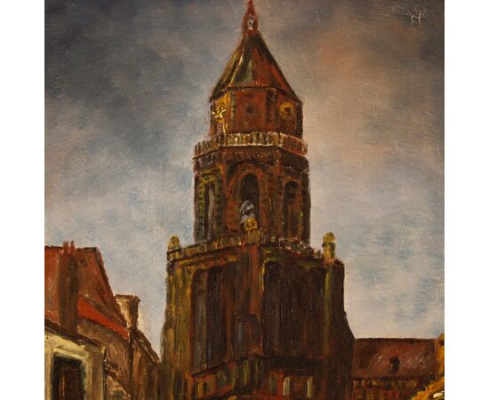 Dutch signed painting View of cathedral from 20th century