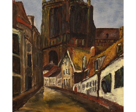 Dutch signed painting View of cathedral from 20th century