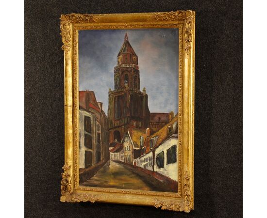 Dipinto olandese firmato Veduta di cattedrale del XX secolo