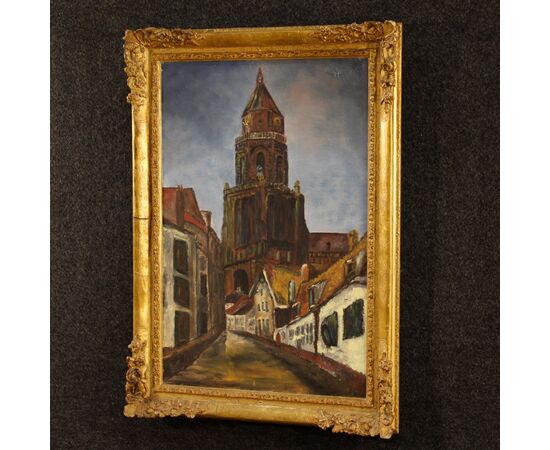 Dutch signed painting View of cathedral from 20th century