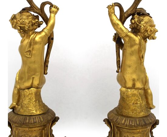 Ancient Pair of Candelabra Candlesticks Napoleon III in gilded bronze and painted porcelain - period 800     