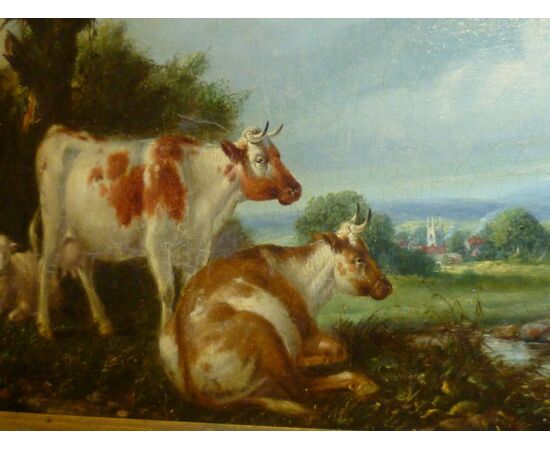 PAINTING ON TABLET RAFF. &quot;COWS AND SHEEP GRAZING&quot;
