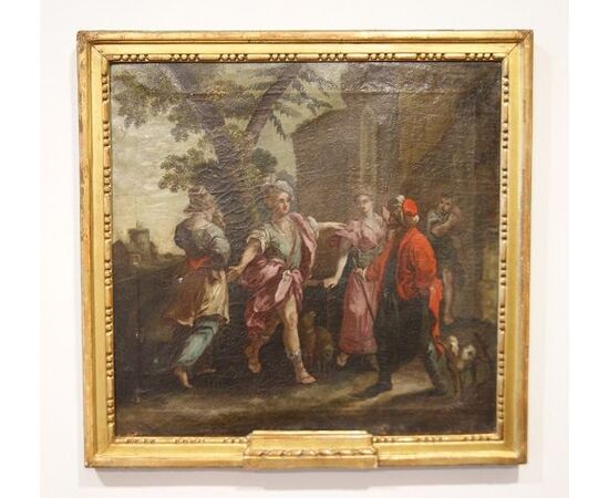 Antico quadro olio su tela italiano del 1700 raffigurante personaggi all'aperto
