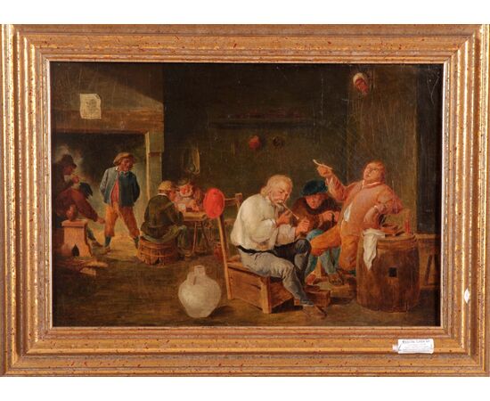 Olio su tela dipinto taverna con uomini inglese del 1800