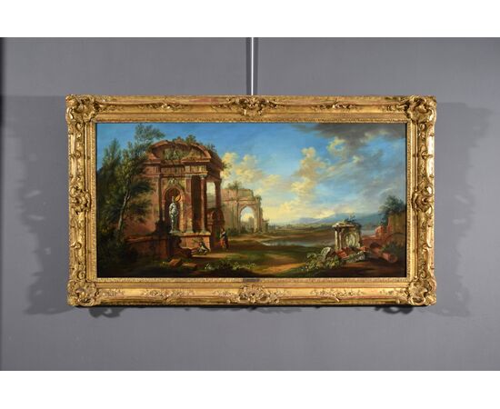 Paesaggio con rovine, scuola francese di fine XVIII secolo, olio su tela. 