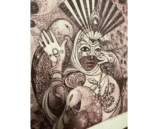 Incisione Conchita arte contemporanea XX secolo  raffigurante signora in maschera Mis 46 x 36