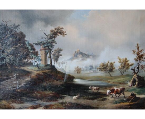 Antico quadro inglese del 1800 olio su tela raffigurante paesaggio con personaggi e animali