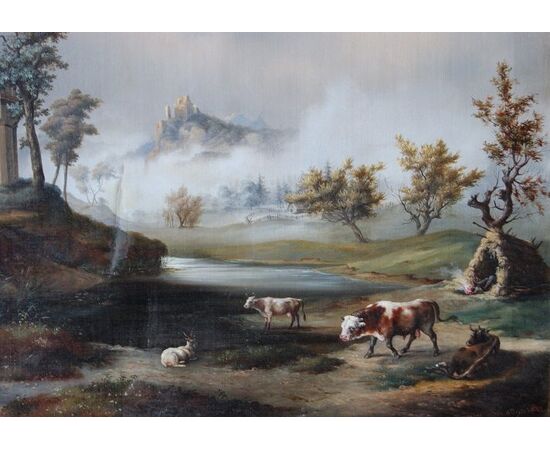 Antico quadro inglese del 1800 olio su tela raffigurante paesaggio con personaggi e animali