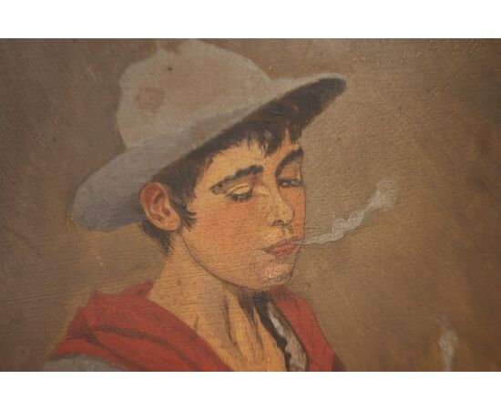 Antico quadro olio su cartoncino raffigurante ragazzo con sigaretta del 1900