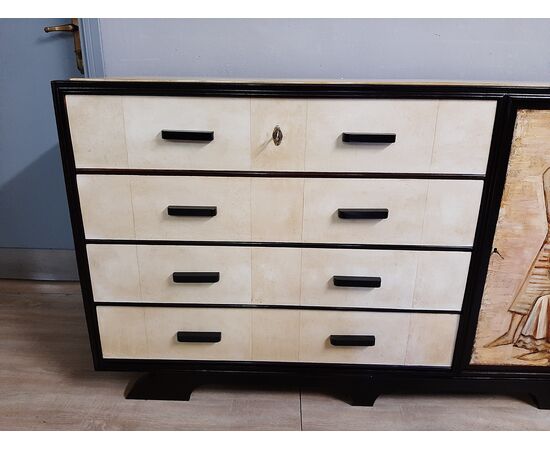 ART DECO &#39;DRAWER 1940-50 IN BLACKED WALNUT PARCHMENT AND PAINTED FRONT     