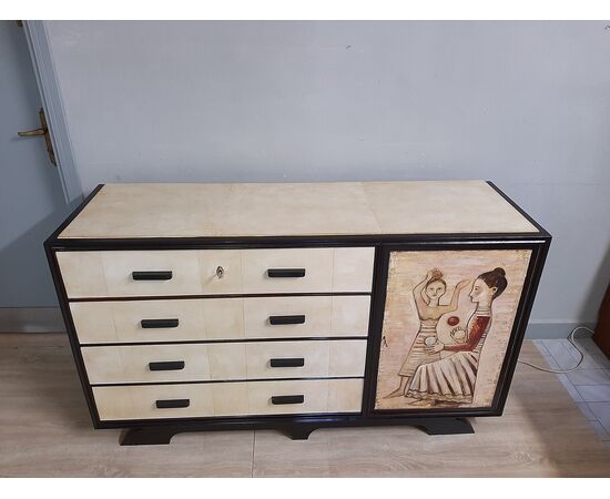 ART DECO &#39;DRAWER 1940-50 IN BLACKED WALNUT PARCHMENT AND PAINTED FRONT     