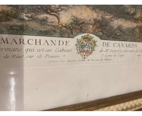 Antica incisione acquarellata del 1762 “ Le Marcande de Canards “ Francia  in cornice mis : 65 x 56 