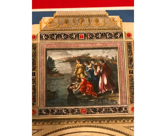 Stampa Loggia Raffaello al Vaticano con passe-partout XX secolo-Mosè nel fiume