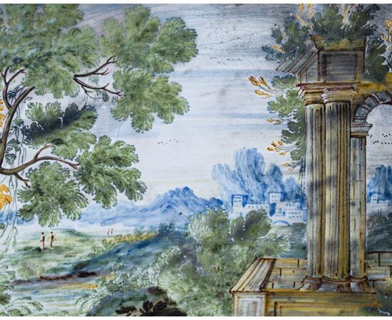 Prima metà del XVIII secolo, Mattonella Castelli, Paesaggio con architetture e figure  Maiolica,