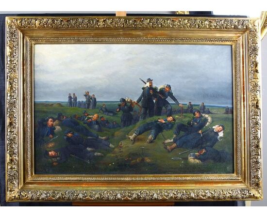 Antico quadro francese del 1800 Olio su tela francese "Soldati a Riposo"