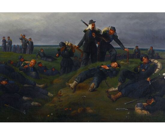 Antico quadro francese del 1800 Olio su tela francese "Soldati a Riposo"