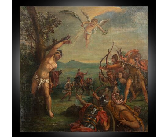 Dipinto antico olio su tela raffigurante il Martirio di San Sebastiano attribuito a "Hans Von Aachen" 1549-1628.
