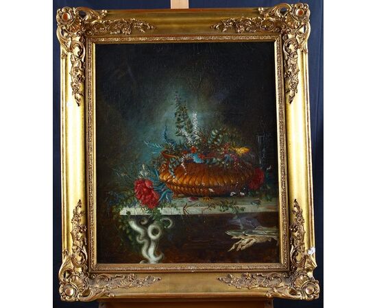Antico quadro francese del 1800 olio su tela Vaso con fiori 