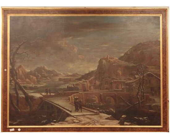 Antico grande quadro del 1600 olio su tela raffigurante cittadina in inverno con montagne