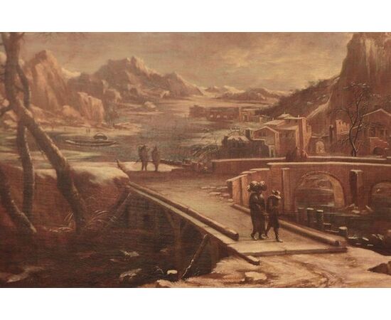 Antico grande quadro del 1600 olio su tela raffigurante cittadina in inverno con montagne