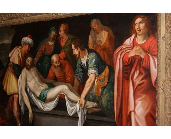 Antico stupendo dipinto olio su tavola "Deposizione di Gesù" del 1600 fiammingo 