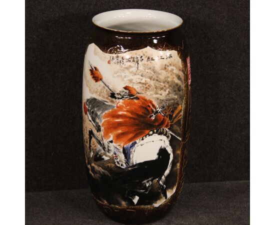 Chinese painted ceramic vase with warrior on horseback