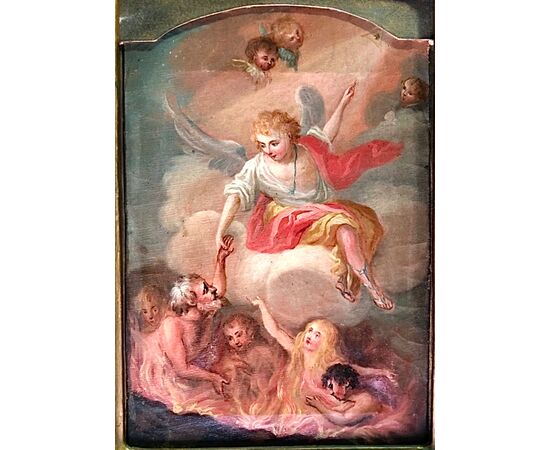Dipinto olio su tela raffigurante Angelo che indica alle anime del Purgatorio la via per arrivare a Dio.Cornice adattata,non coeva.Italia.
