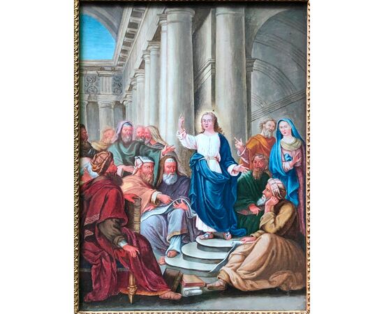 Coppia di dipinti a tempera raffiguranti Assunzione della Vergine e Gesu’che predica ai dottori del tempio.Italia.