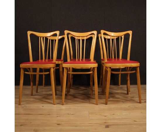 Italian design chairs in exotic wood and faux leather from 60s