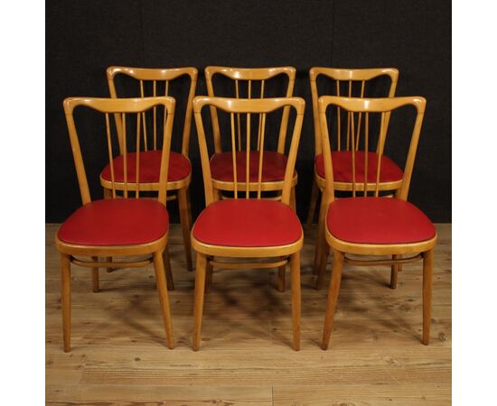 Italian design chairs in exotic wood and faux leather from 60s