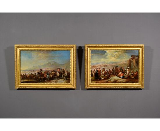 Francesco Simonini (Parma, 16 giugno 1686 – Parma, 1766),  La sosta dei soldati e La marcia dei soldati, coppia dipinti Olio su tela