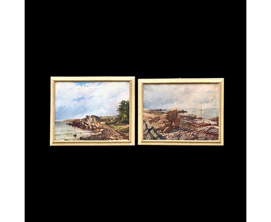 Coppia di dipinti olio su tela con paesaggi marinari.Firmati:Naw.