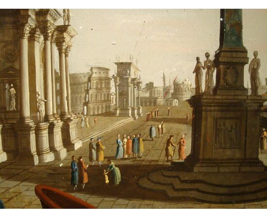 Francesco Chiarottini (1748 – 1796), Capriccio architettonico romano con personaggi, Olio su vetro