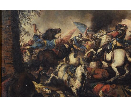 Antonio Calza (Verona, 1653 – 18 aprile 1725), Battaglia tra cavallerie cristiana e turca con castello, olio su tela