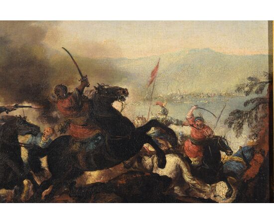 Antonio Calza (Verona, 1653 – 18 aprile 1725), Battaglia tra cavallerie cristiana e turca con castello, olio su tela