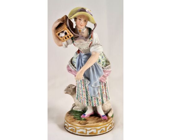 Porcellana viennese "Dama con gabbia con uccellino e pecorella.