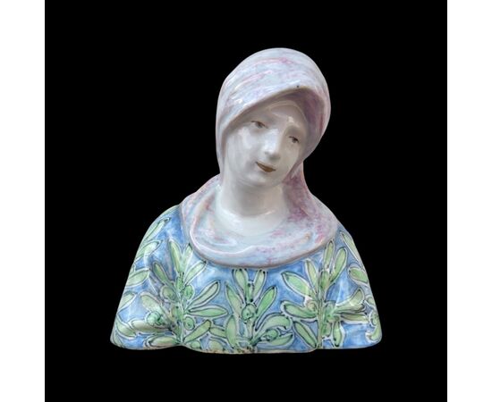 Busto di Madonnina in maiolica con decoro art nouveau.Minghetti,Bologna.
