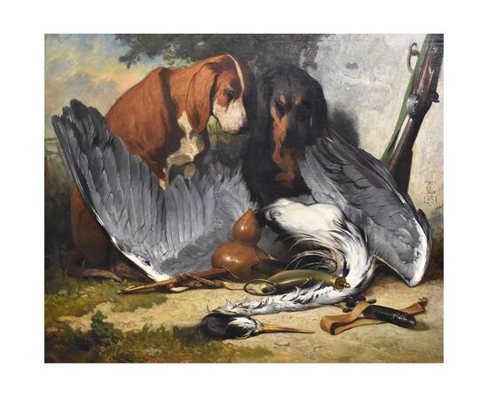 ANCIENT PAINTINGS, PORTRAITS OF HUNTING DOGS, OIL PAINTING ON BOARD, EIGHTEENTH CENTURY. (QA413)     
