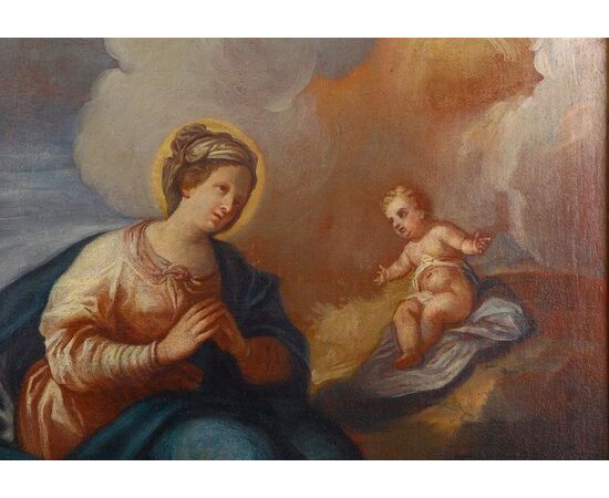 Olio su tela italiano del 1700 raffigurante "Adorazione" Madonna con Gesù