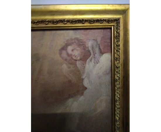 Olio su tela italiano del 1700 raffigurante "Adorazione" Madonna con Gesù